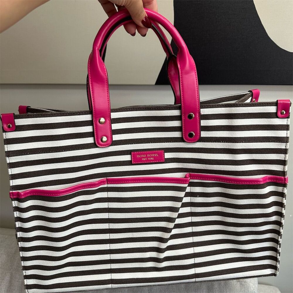 Henri Bendel Women's Stripe Tote Bag Black/White Pink Accents